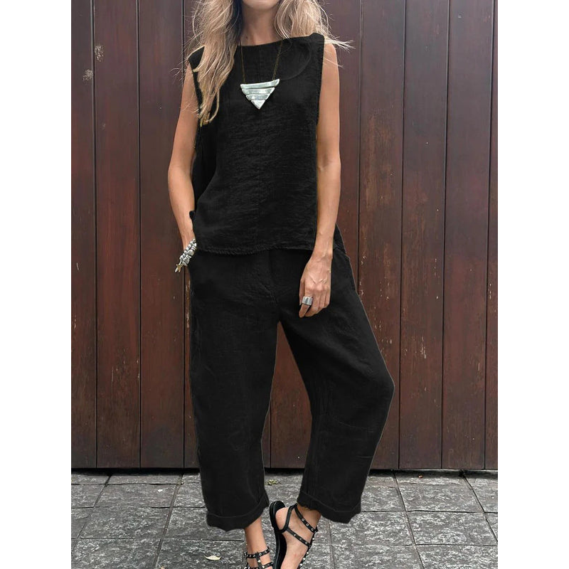 Zweiteiliges Set für Damen – Ärmelloses Oberteil – Weite Hose – Lässige Passform