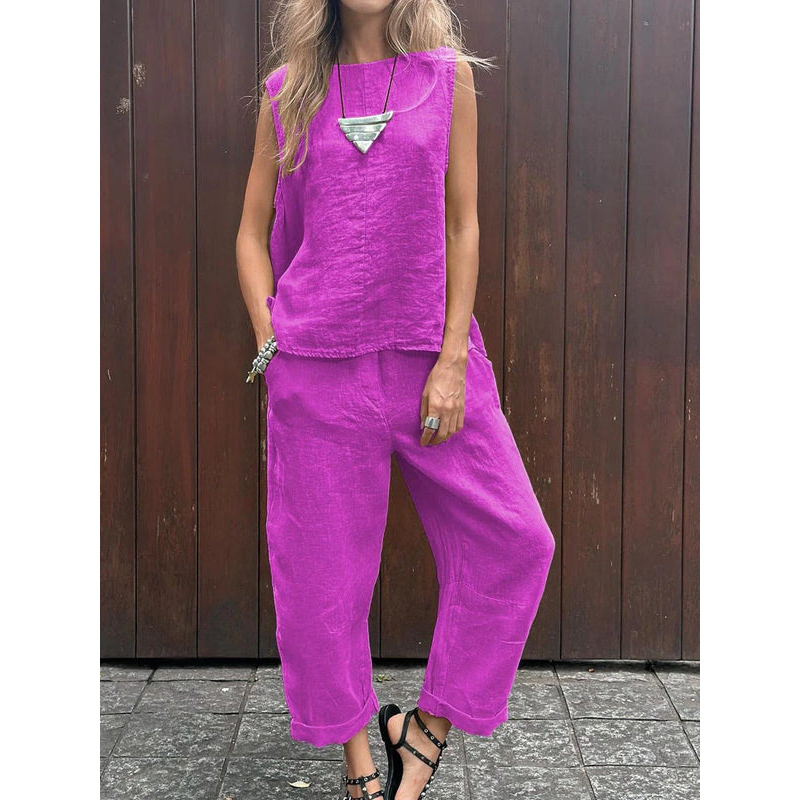 Zweiteiliges Set für Damen – Ärmelloses Oberteil – Weite Hose – Lässige Passform