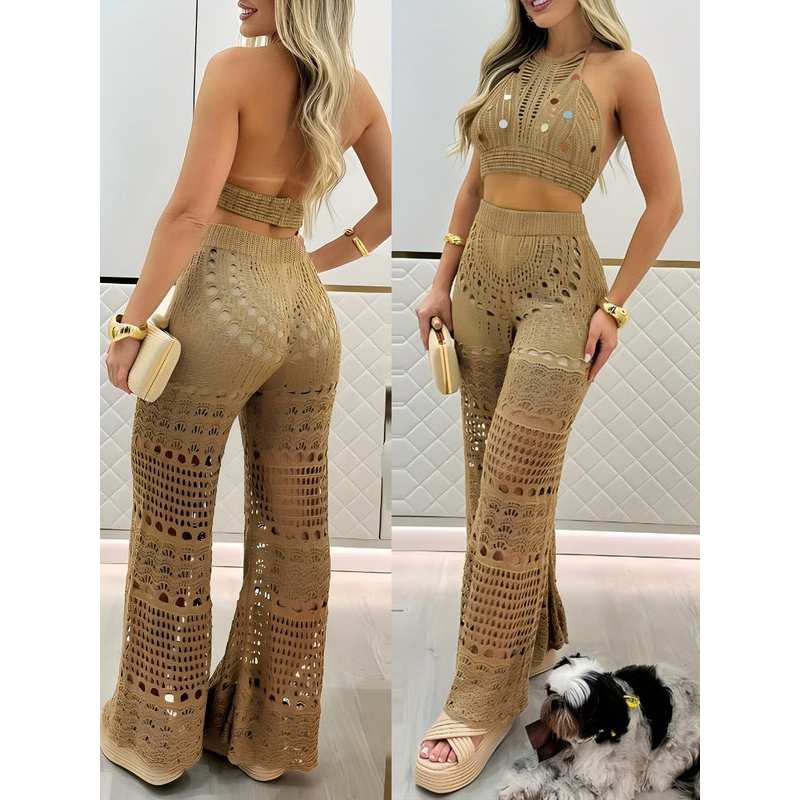 Zweiteiliges Outfit für Damen – Häkelmuster – Boho-Stil – Atmungsaktiver Stoff