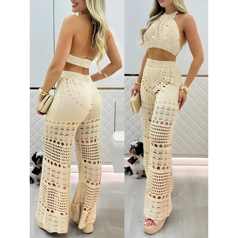 Zweiteiliges Outfit für Damen – Häkelmuster – Boho-Stil – Atmungsaktiver Stoff