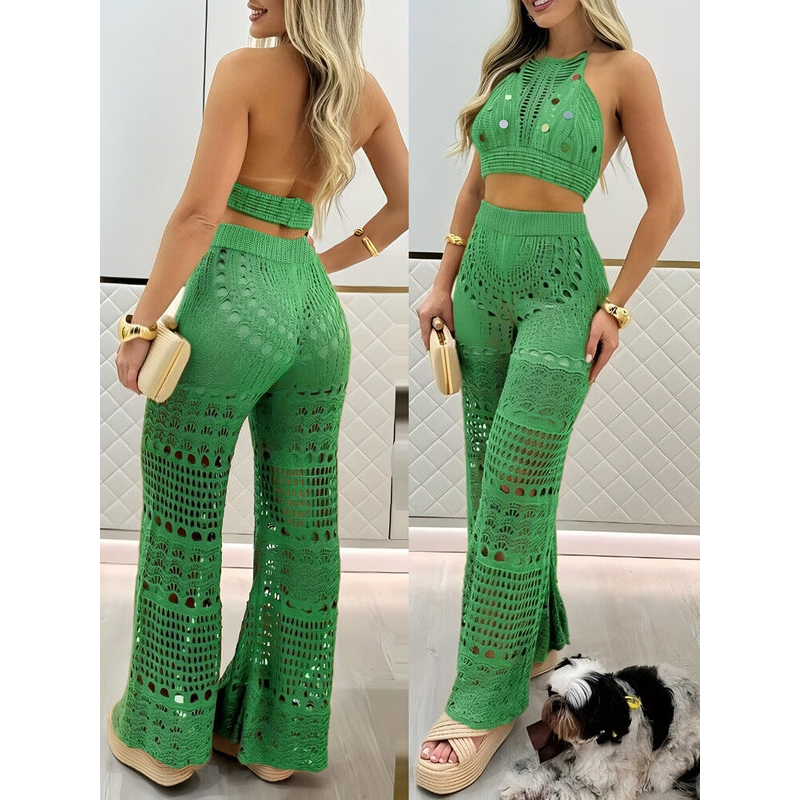Zweiteiliges Outfit für Damen – Häkelmuster – Boho-Stil – Atmungsaktiver Stoff