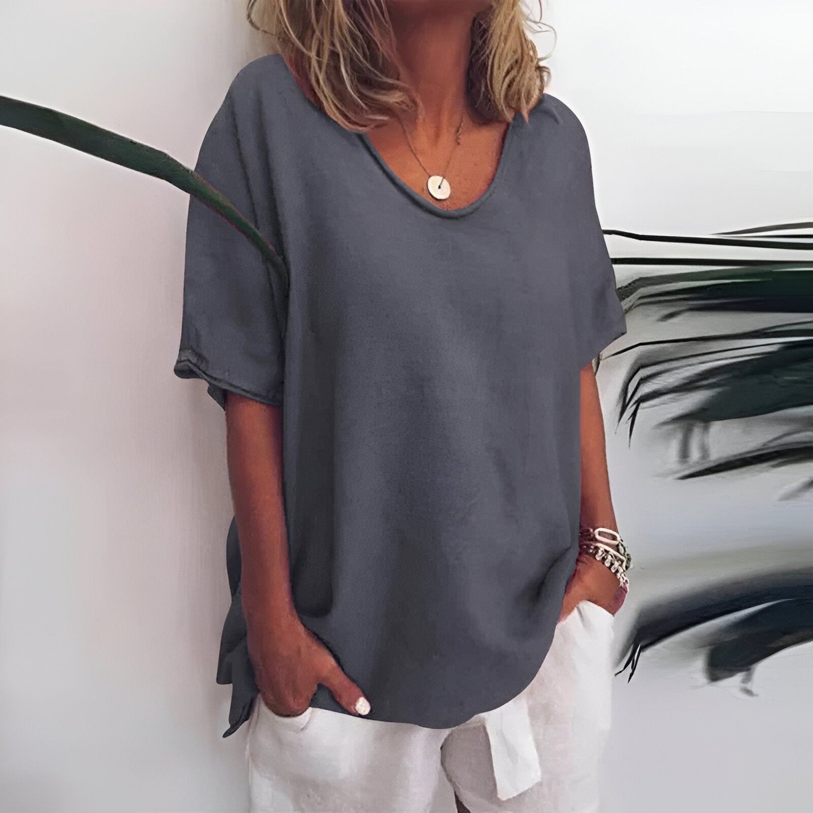 Damen-T-Shirt – 100 % Leinen – Lockere Passform – Atmungsaktives Gewebe