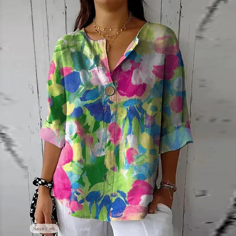 Damenbluse – V-Ausschnitt – Weiches Material – Frühlings- und Sommerstil