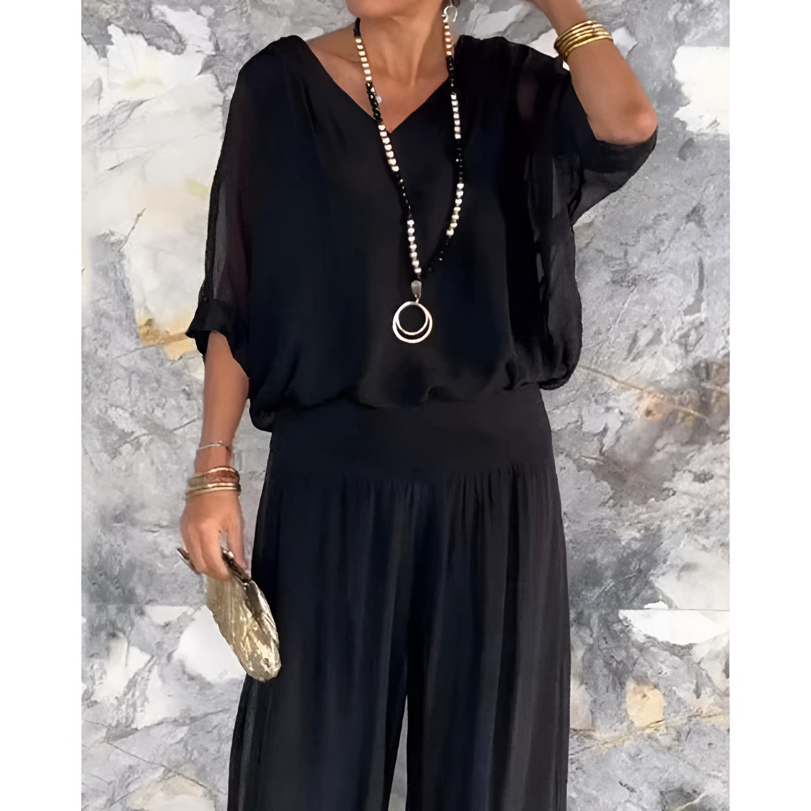 Damen-Outfit-Set – Bluse mit V-Ausschnitt – Weite Ärmel – Bequeme Hose