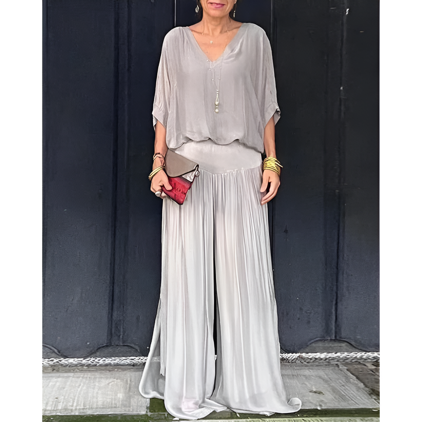 Damen-Outfit-Set – Bluse mit V-Ausschnitt – Weite Ärmel – Bequeme Hose