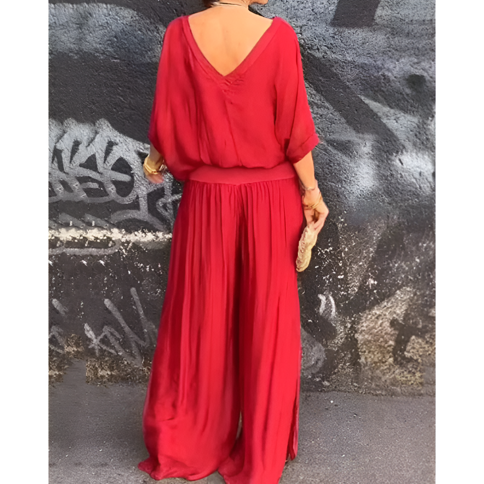 Damen-Outfit-Set – Bluse mit V-Ausschnitt – Weite Ärmel – Bequeme Hose