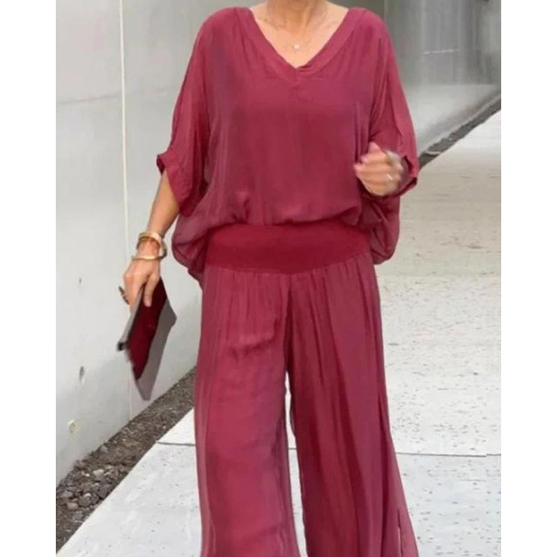 Damen-Outfit-Set – Bluse mit V-Ausschnitt – Weite Ärmel – Bequeme Hose