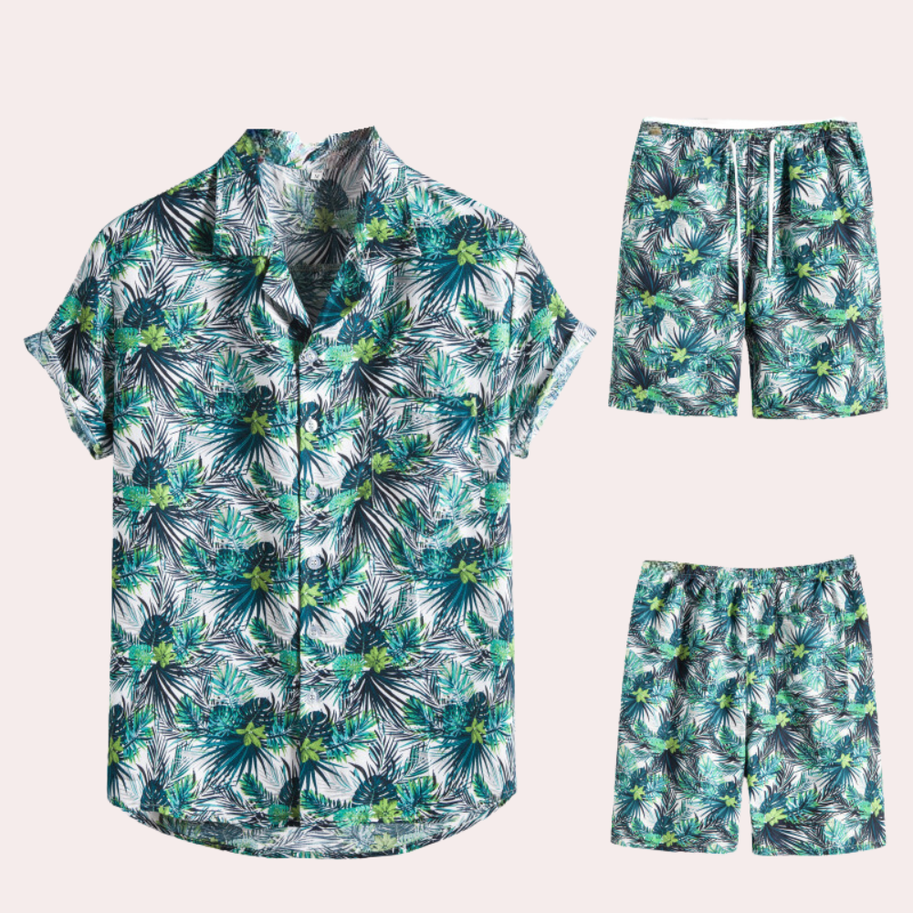 Zweiteiliges Sommeroutfit für Herren – Hawaiianischer Blumenprint – Leichter Baumwollstoff – Lässige, legere Passform