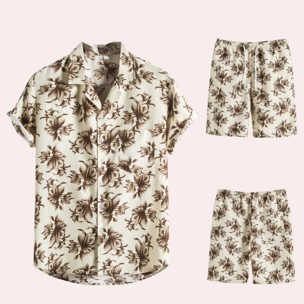 Zweiteiliges Sommeroutfit für Herren – Hawaiianischer Blumenprint – Leichter Baumwollstoff – Lässige, legere Passform