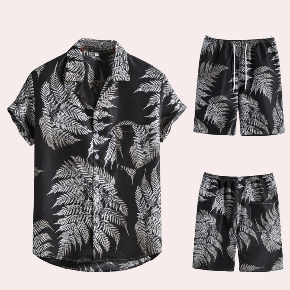 Zweiteiliges Sommeroutfit für Herren – Hawaiianischer Blumenprint – Leichter Baumwollstoff – Lässige, legere Passform