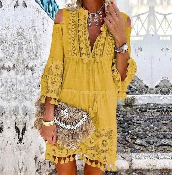 Besticktes Boho-Kleid - weit ausgestellte Ärmel & elegante Verarbeitung