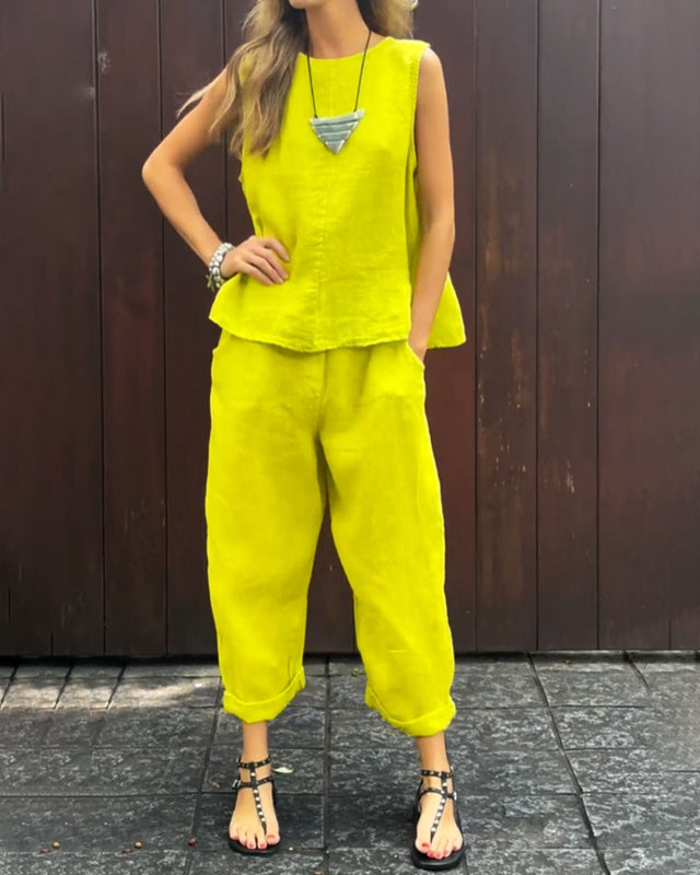 Zweiteiliges Set für Damen – Ärmelloses Oberteil – Weite Hose – Lässige Passform