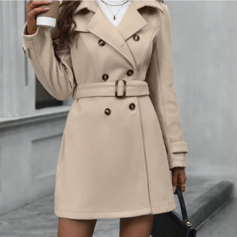 Damen-Trenchcoat – Zweireihiger Verschluss – Verstellbare Taille – Eleganter Reverskragen
