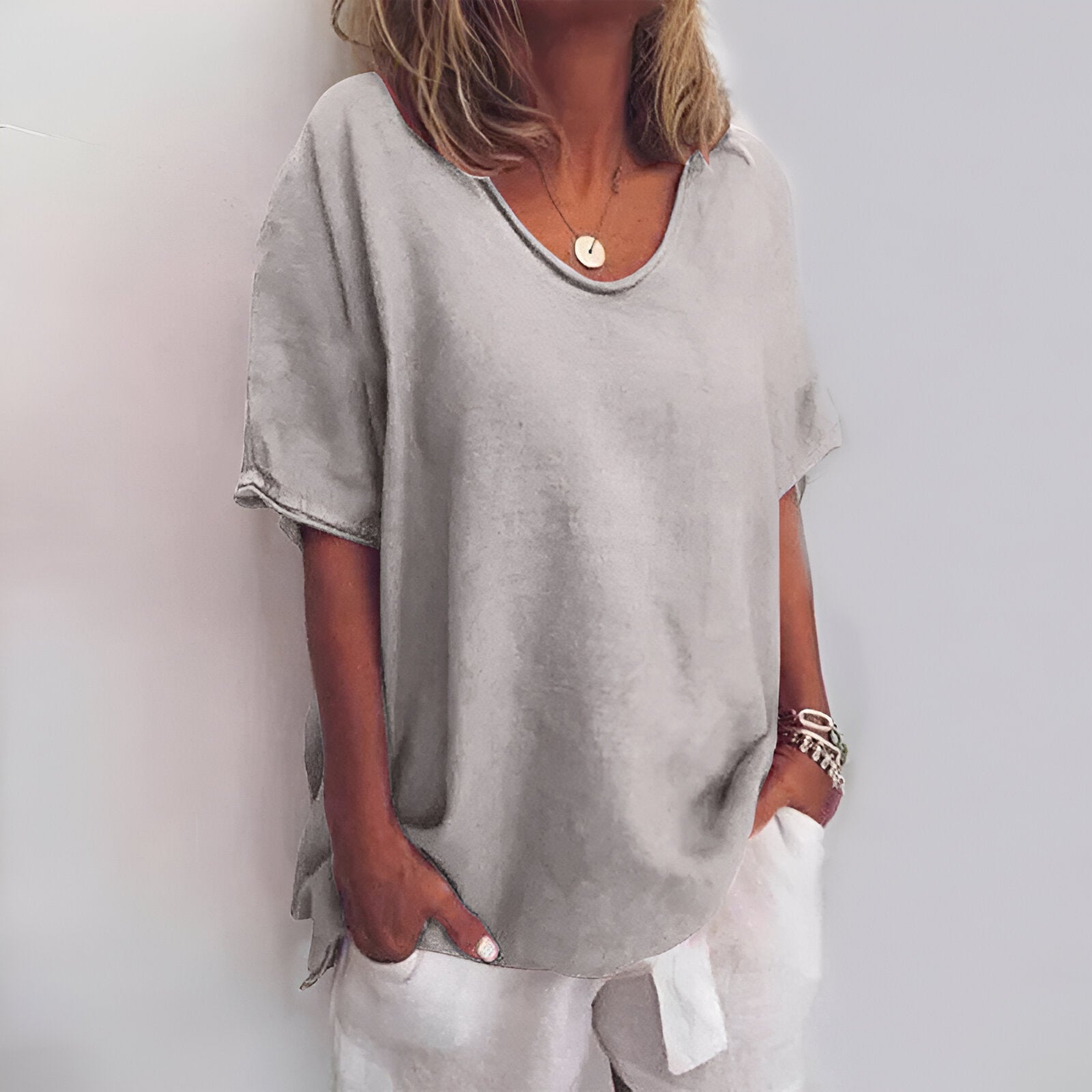 Damen-T-Shirt – 100 % Leinen – Lockere Passform – Atmungsaktives Gewebe