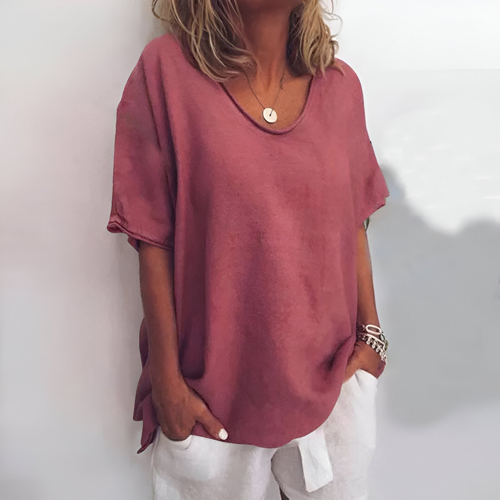 Damen-T-Shirt – 100 % Leinen – Lockere Passform – Atmungsaktives Gewebe