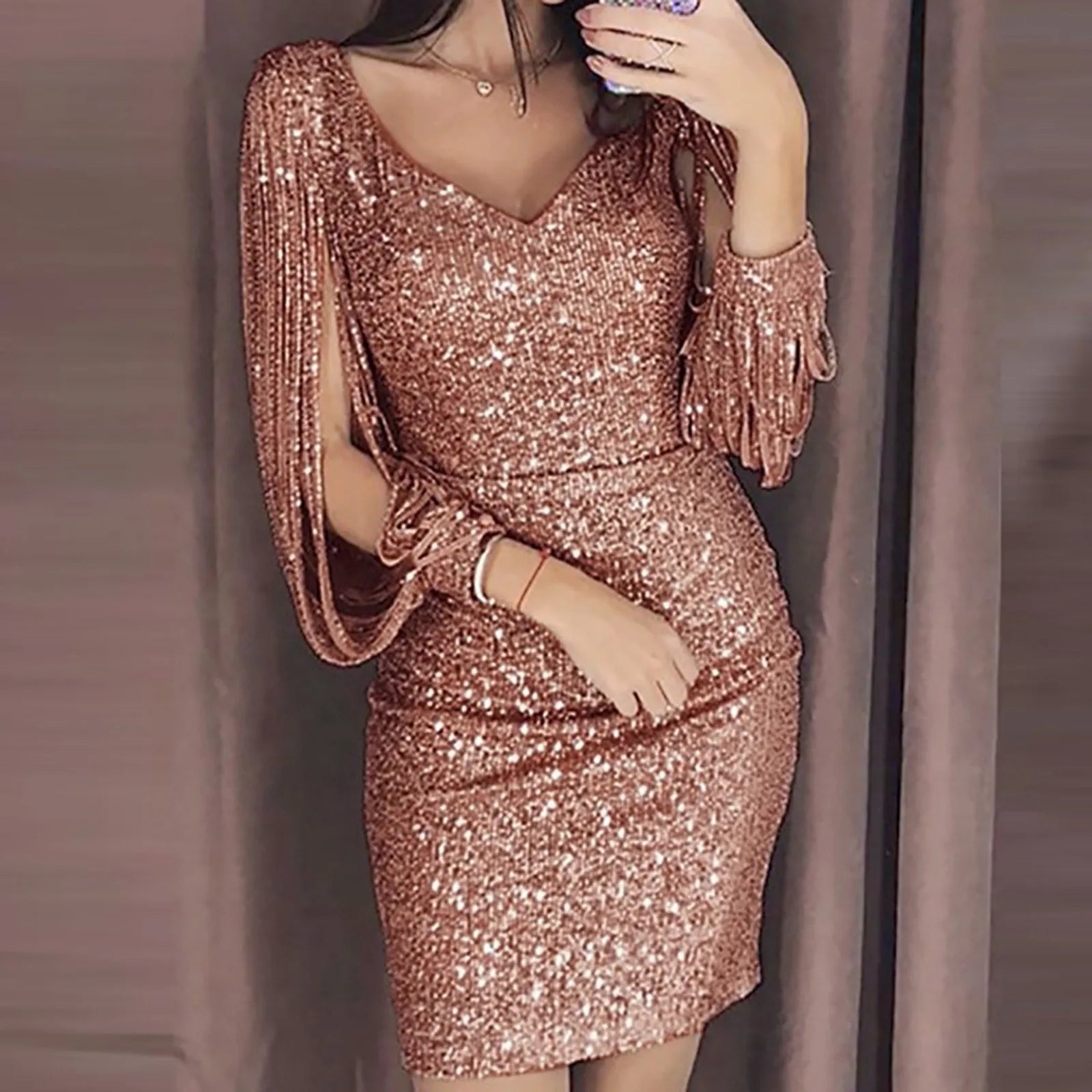 Pailletten-Fransen-Ärmel Bodycon Kleid – Glamourös & Chic