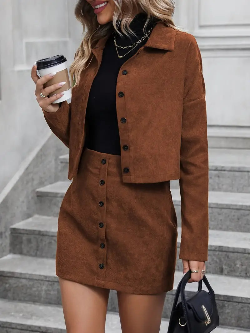 Ensemble Jupe et Veste Boutonnée – Élégance et Modernité