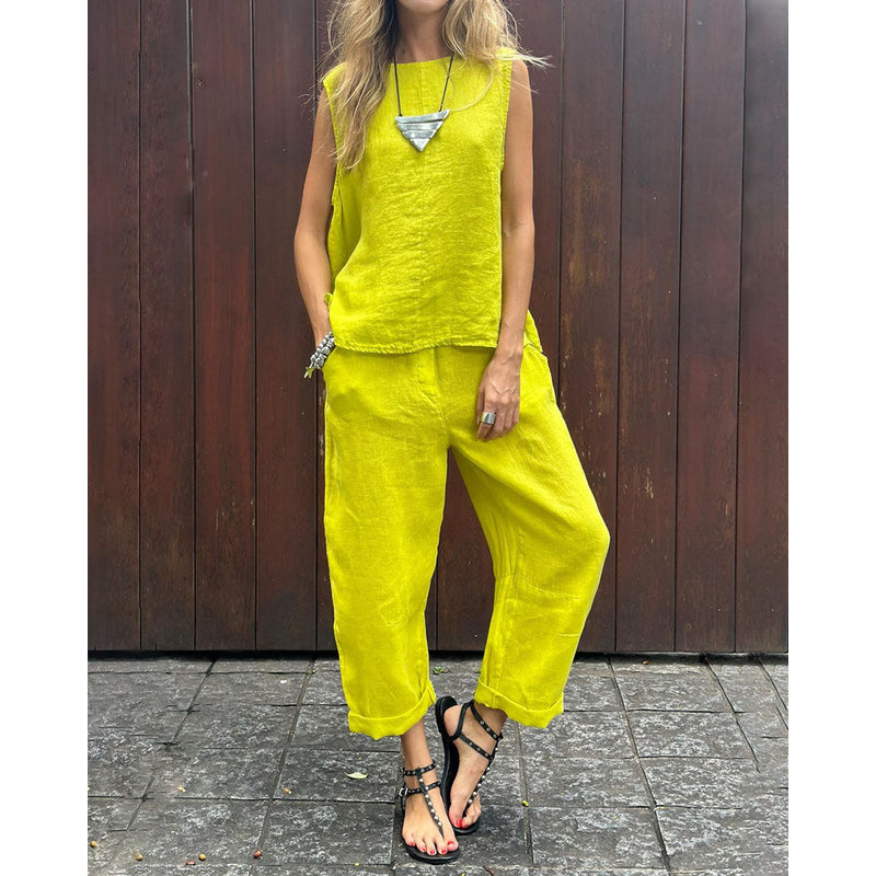 Zweiteiliges Set für Damen – Ärmelloses Oberteil – Weite Hose – Lässige Passform