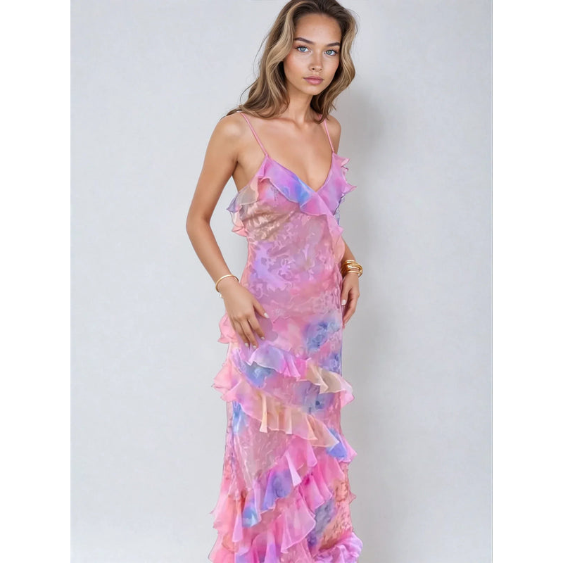 Sommerliches Damenkleid – Leichtes Netz – Geraffte Details – V-Ausschnitt