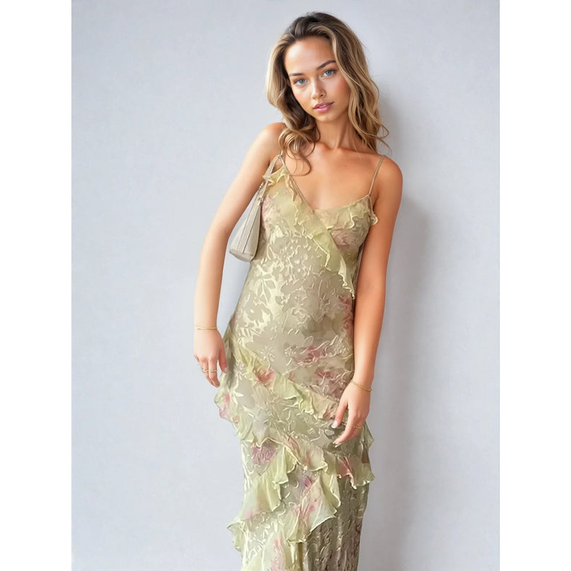 Sommerliches Damenkleid – Leichtes Netz – Geraffte Details – V-Ausschnitt