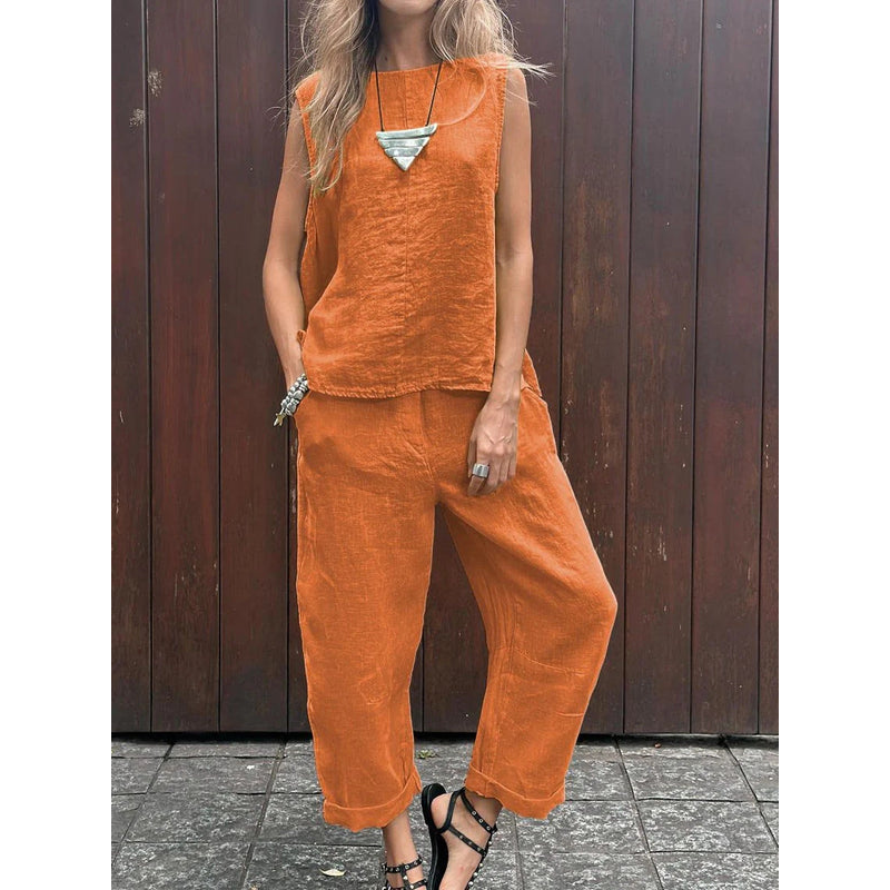 Zweiteiliges Set für Damen – Ärmelloses Oberteil – Weite Hose – Lässige Passform