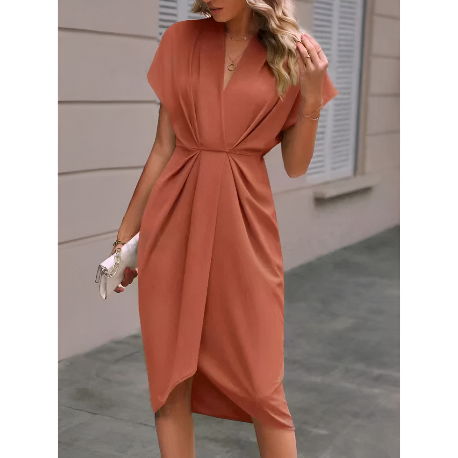 Damen Wickelkleid – eleganter Stil – Midi-Länge – Schleifendetail an der Taille