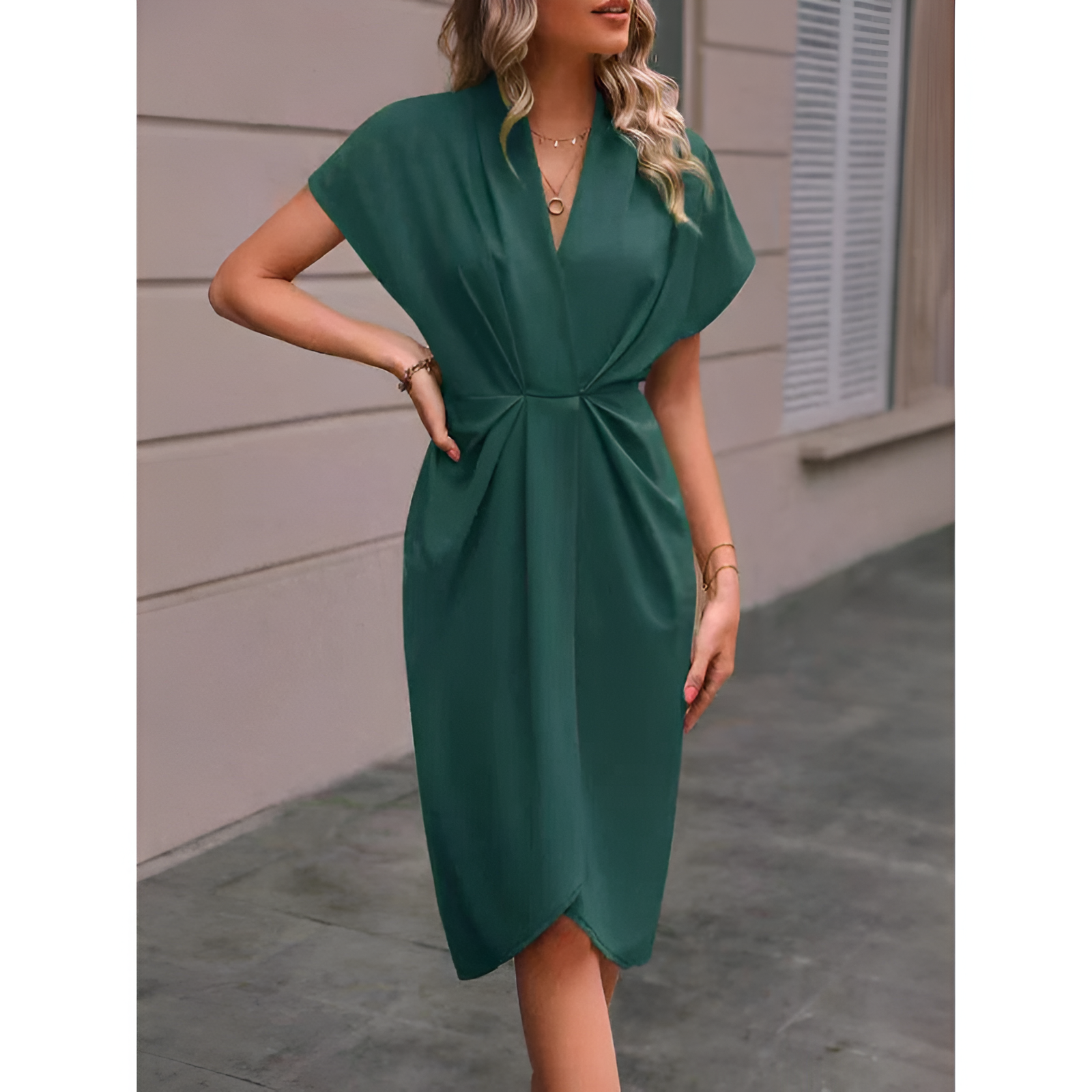 Damen Wickelkleid – eleganter Stil – Midi-Länge – Schleifendetail an der Taille