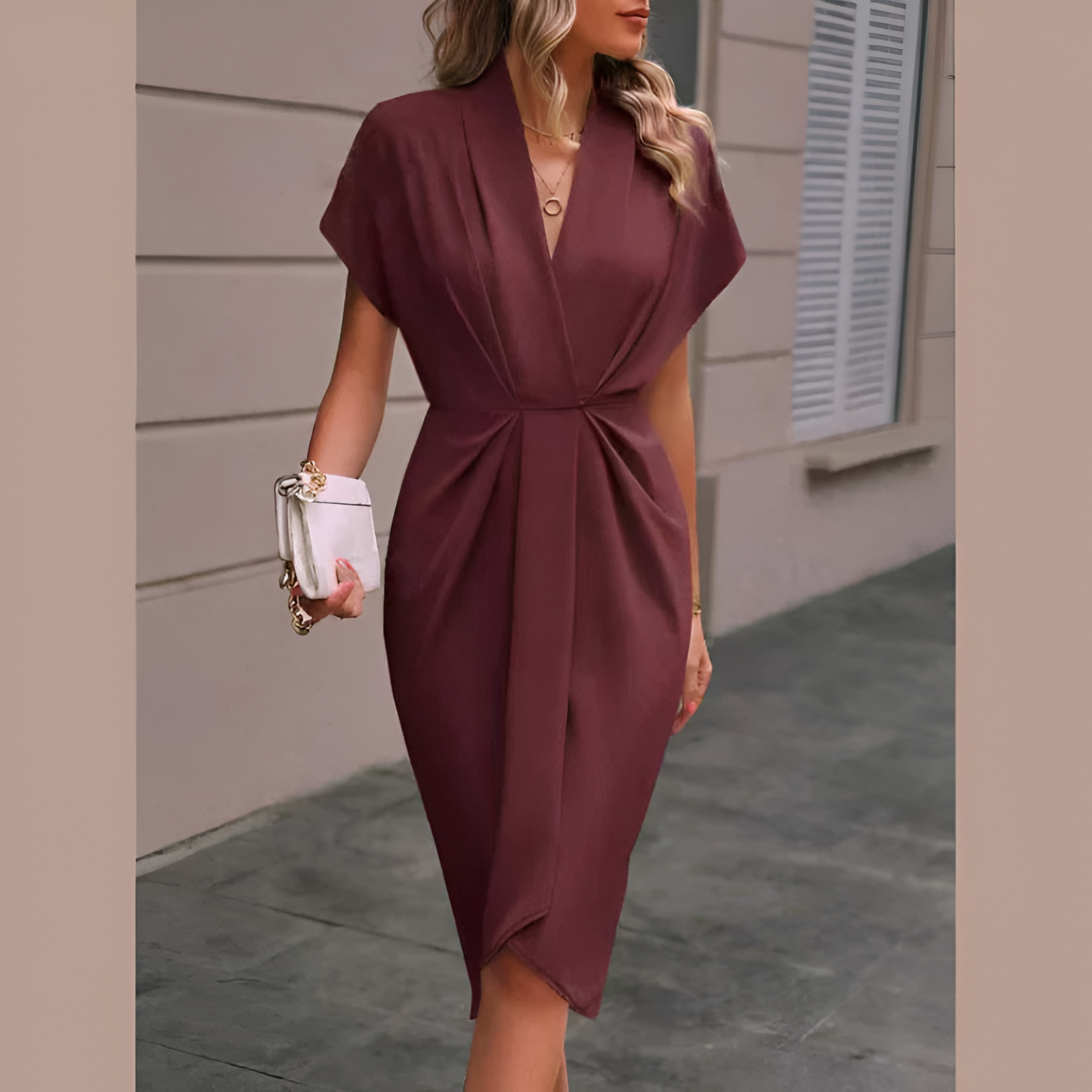 Damen Wickelkleid – eleganter Stil – Midi-Länge – Schleifendetail an der Taille