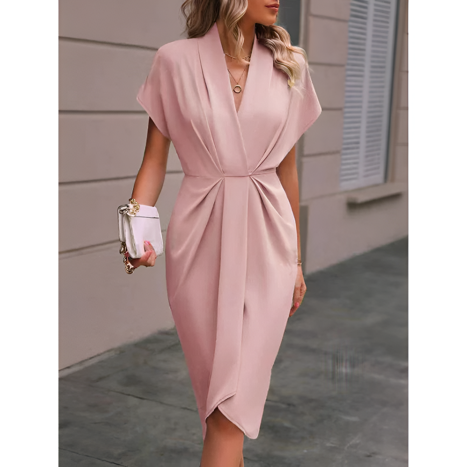 Damen Wickelkleid – eleganter Stil – Midi-Länge – Schleifendetail an der Taille