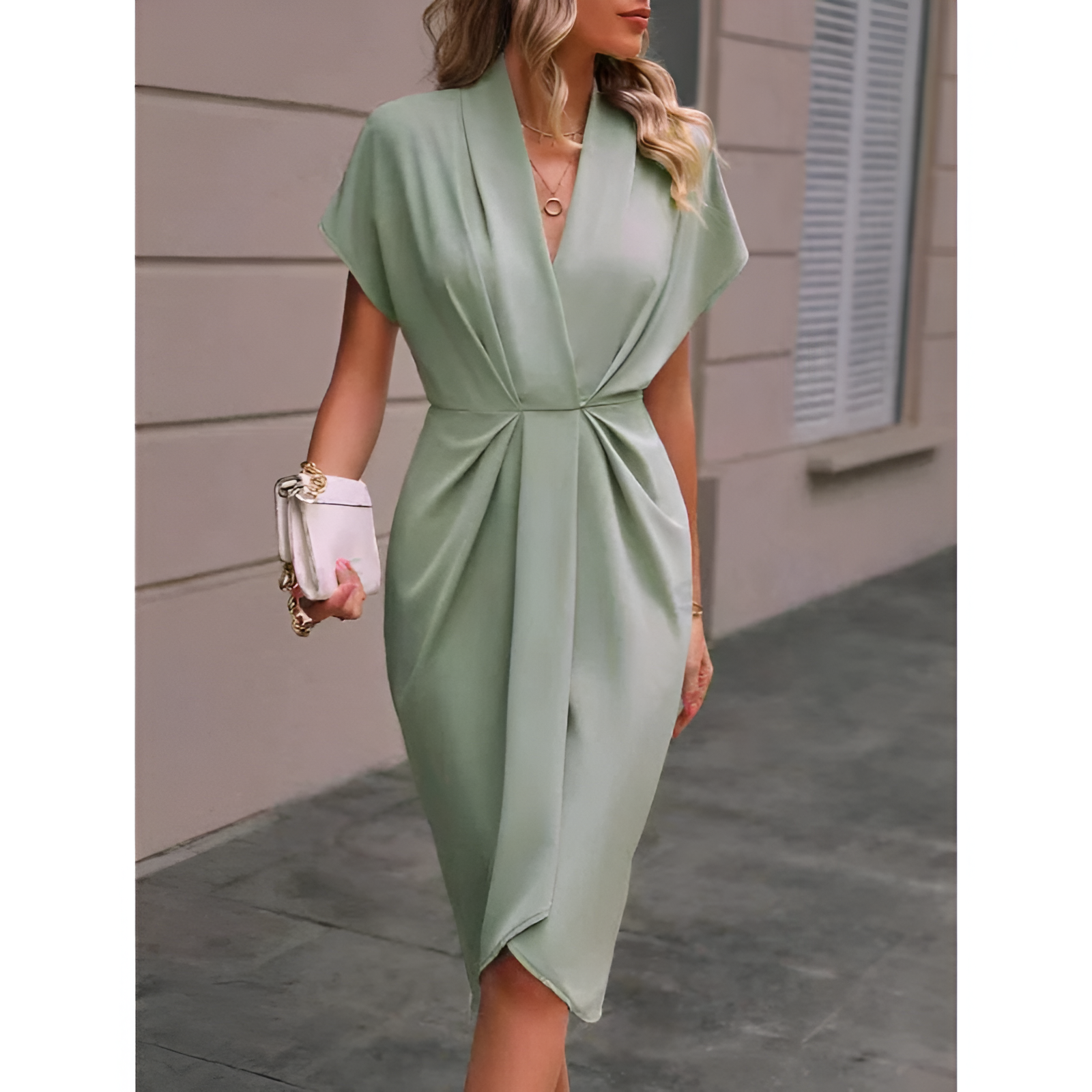 Damen Wickelkleid – eleganter Stil – Midi-Länge – Schleifendetail an der Taille