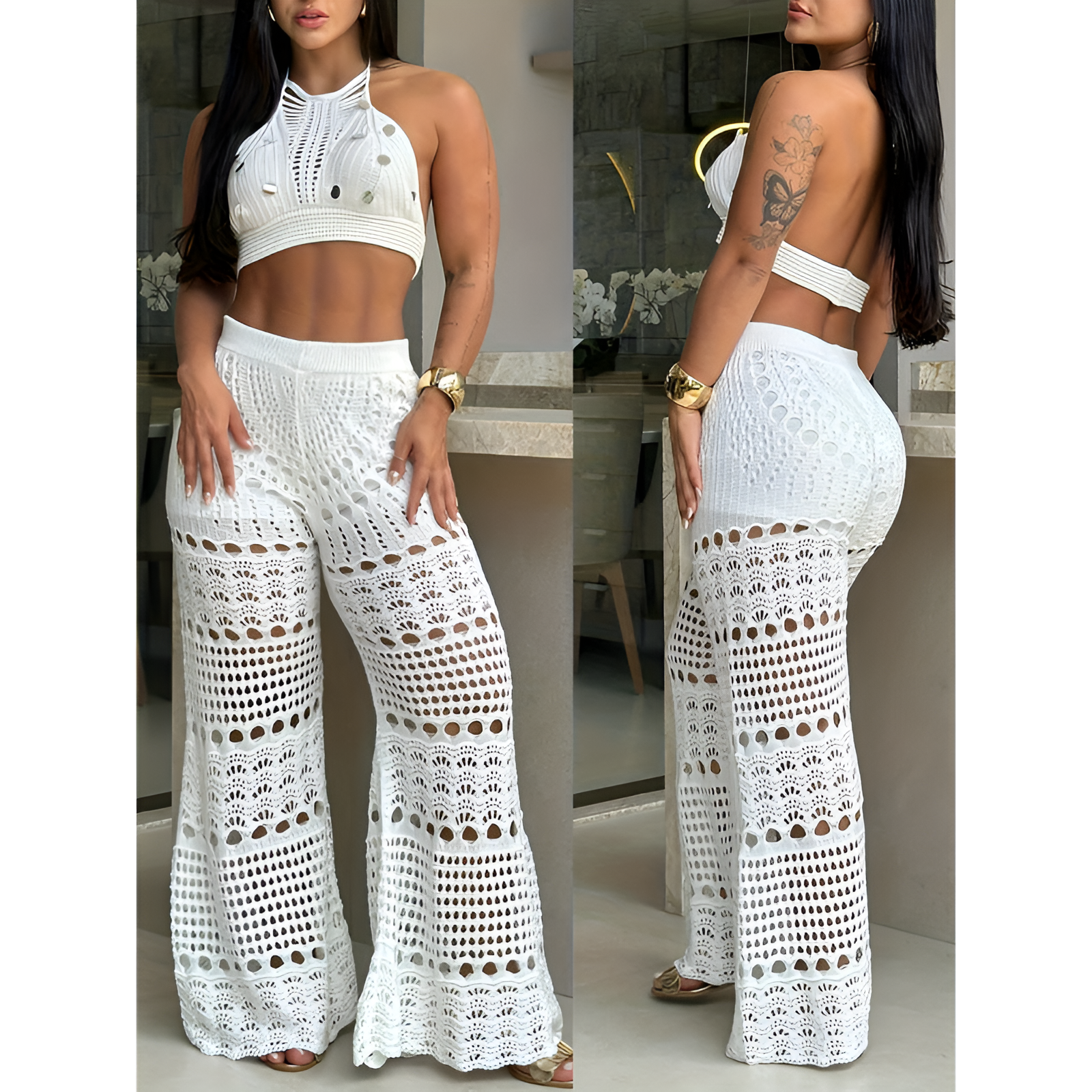 Zweiteiliges Outfit für Damen – Häkelmuster – Boho-Stil – Atmungsaktiver Stoff