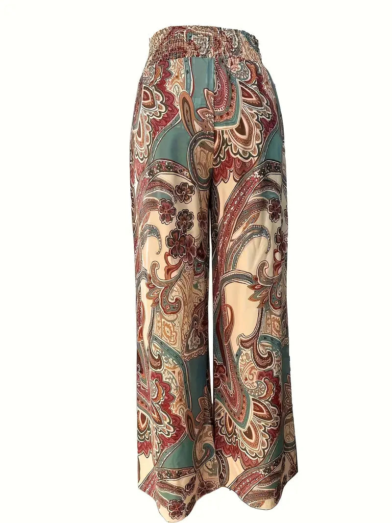 Damenhose mit weitem Bein – Paisley-Print – Hohe Taille – Leichter Stoff