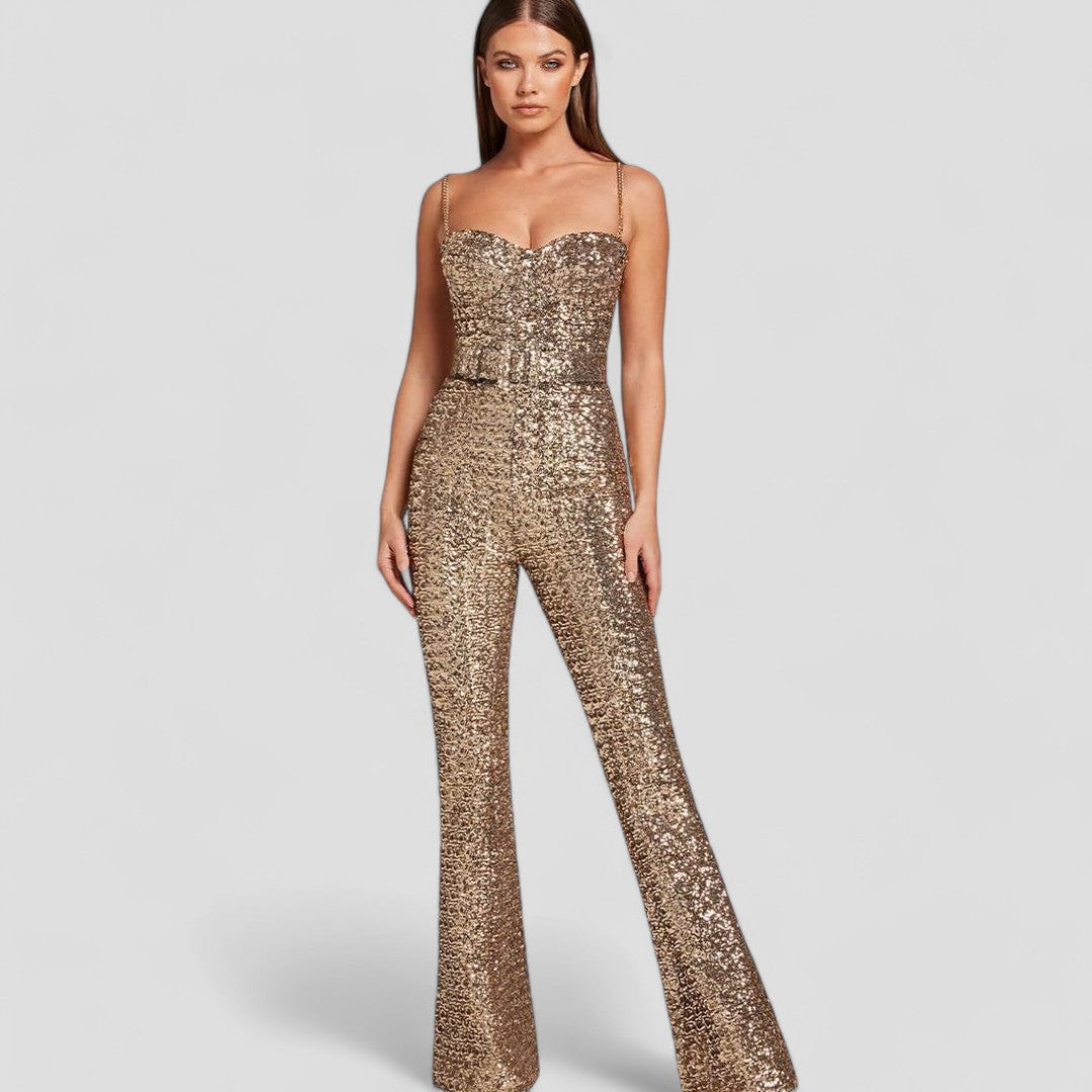 Formeller Jumpsuit für Damen – Herzausschnitt – Ausgestellte Hosenbeine – Glamouröse Passform