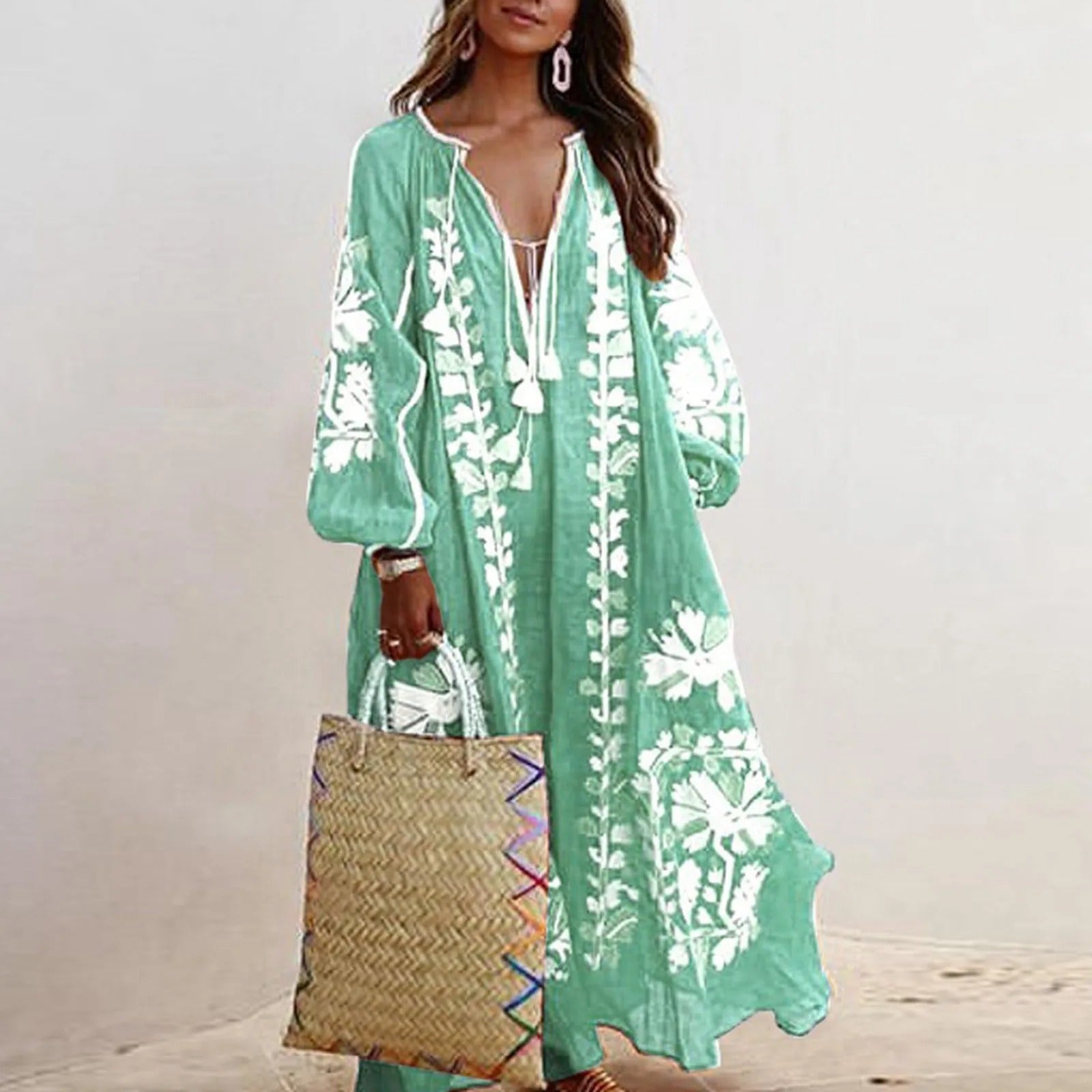 Maxikleid für Damen – Lange Ärmel – Blumenmuster – Lockere Passform