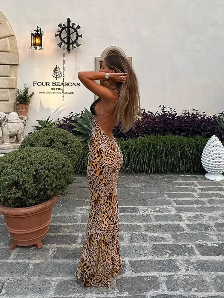 Maxi-Kleid für Frauen-tiefe V-Ausschnitt-Leoparden-Print-Open-Rücken 3