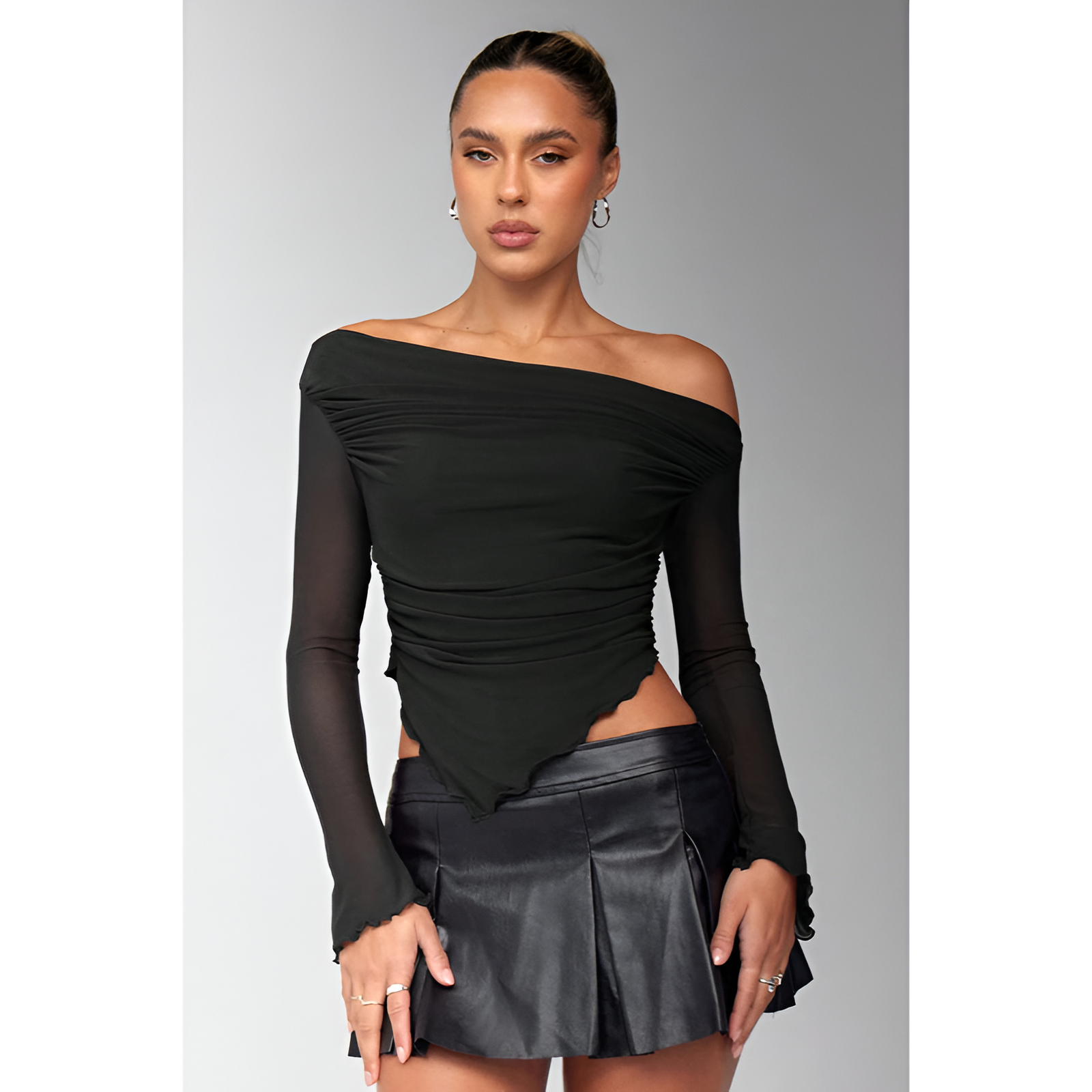 Damen-Top mit einer Schulter – Plissiertes Design – Asymmetrischer Schnitt – Eleganter Stil