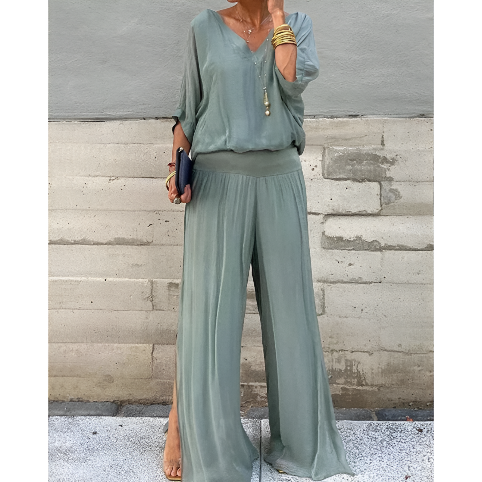 Damen-Outfit-Set – Bluse mit V-Ausschnitt – Weite Ärmel – Bequeme Hose