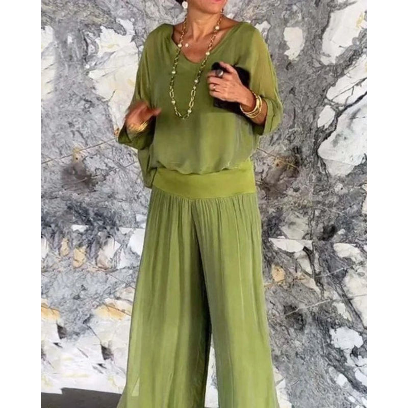 Damen-Outfit-Set – Bluse mit V-Ausschnitt – Weite Ärmel – Bequeme Hose