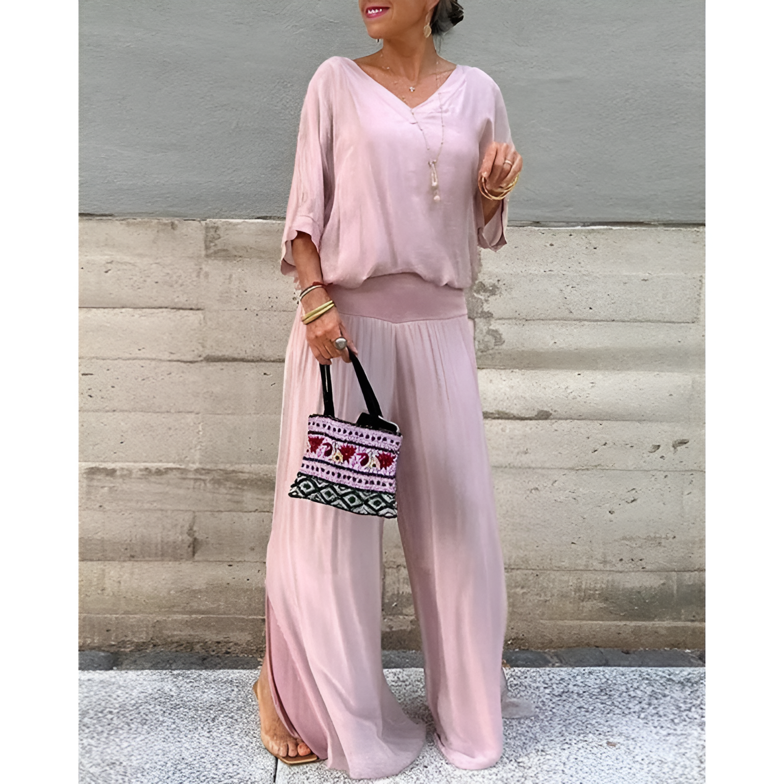 Damen-Outfit-Set – Bluse mit V-Ausschnitt – Weite Ärmel – Bequeme Hose