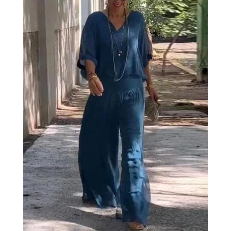 Damen-Outfit-Set – Bluse mit V-Ausschnitt – Weite Ärmel – Bequeme Hose