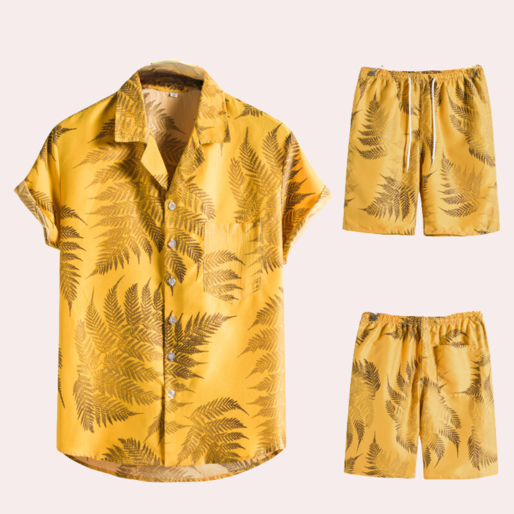 Zweiteiliges Sommeroutfit für Herren – Hawaiianischer Blumenprint – Leichter Baumwollstoff – Lässige, legere Passform