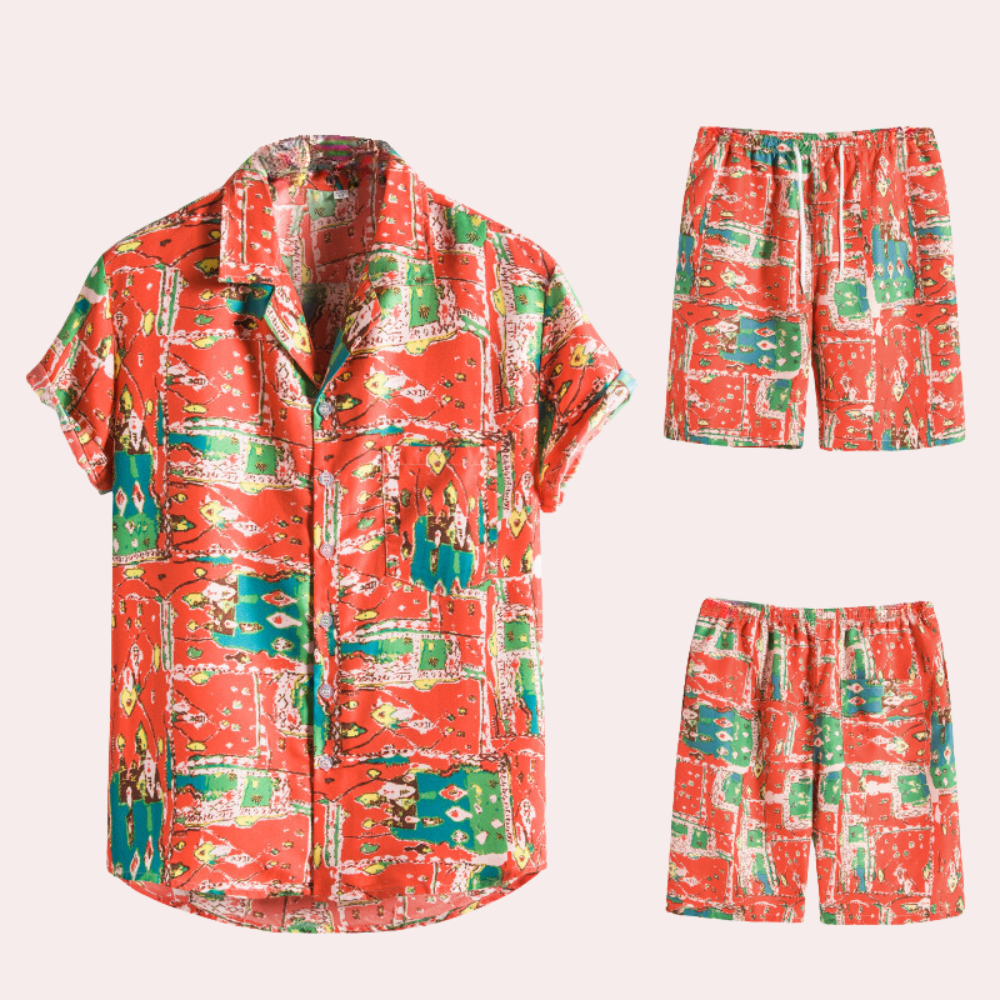 Zweiteiliges Sommeroutfit für Herren – Hawaiianischer Blumenprint – Leichter Baumwollstoff – Lässige, legere Passform