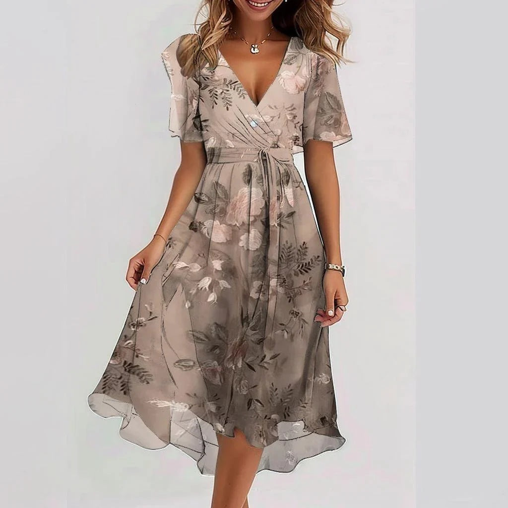 Damen Sommerkleid - Blumendruck - Leichter Chiffon - V-Ausschnitt