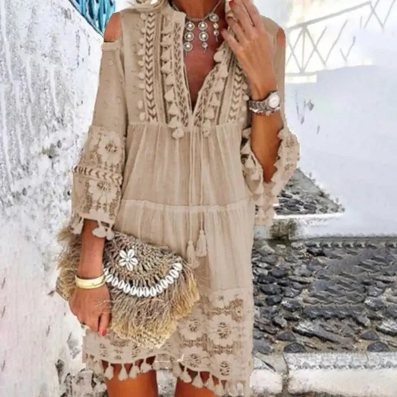 Besticktes Boho-Kleid - weit ausgestellte Ärmel & elegante Verarbeitung