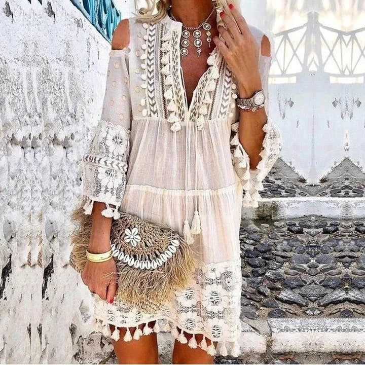 Besticktes Boho-Kleid - weit ausgestellte Ärmel & elegante Verarbeitung