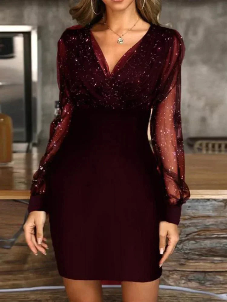 Glitzer Mesh Ärmel Bodycon Kleid – Elegant & Chic