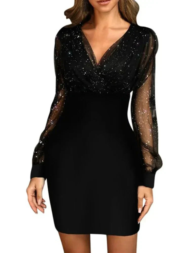 Glitzer Mesh Ärmel Bodycon Kleid – Elegant & Chic