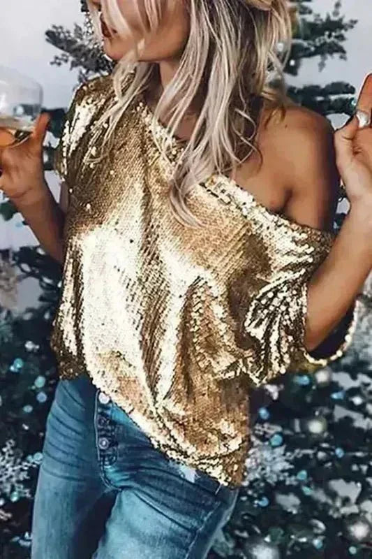 Glitzerndes schulterfreies Pailletten-Top für mühelosen Glamour