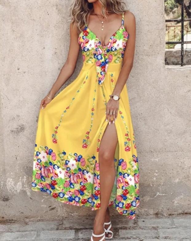 Lange fließende Robe - Träger & eleganter Blattdruck