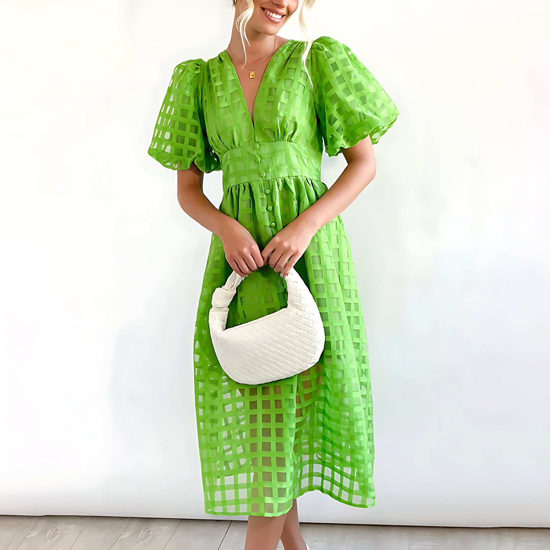 Midi-Kleid - transparente Karos & elegante Puffärmel